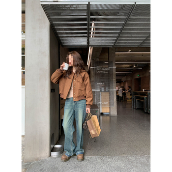 Američka retro deerskin baršunasta baseball jakna za žene, kratka, s polo ovratnikom, gradski stil