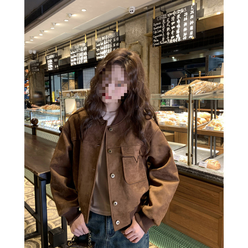 Američka retro deerskin baršunasta baseball jakna za žene, kratka, s polo ovratnikom, gradski stil