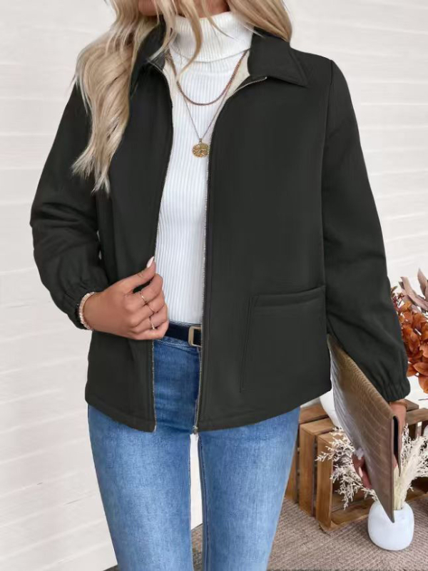 Ženska kratka elegantna jakna sa zipom i ovratnikom, džepovi, jednobojna, imitacija vune, regular fit, uredski poslovni stil