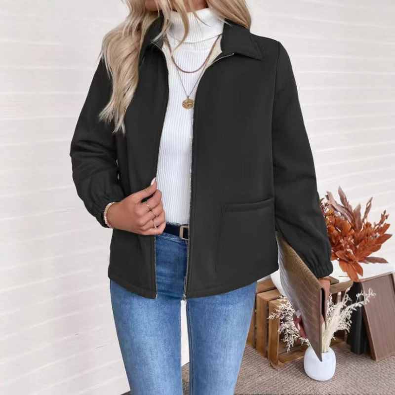 Ženska kratka elegantna jakna sa zipom i ovratnikom, džepovi, jednobojna, imitacija vune, regular fit, uredski poslovni stil