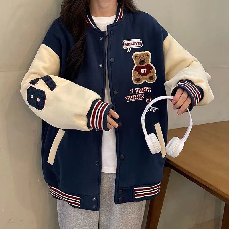 Vintage baseball jakna za djevojčice, proljeće i jesen, široki kroj, korejski stil, vez