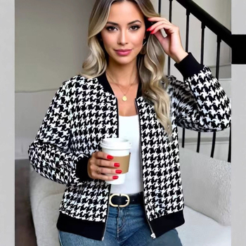 Ženska jakna s uzorkom houndstooth, zatvarač, kratka duljina, dugi rukavi, baseball ovratnik, poliester