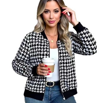Ženska jakna s uzorkom houndstooth, zatvarač, kratka duljina, dugi rukavi, baseball ovratnik, poliester