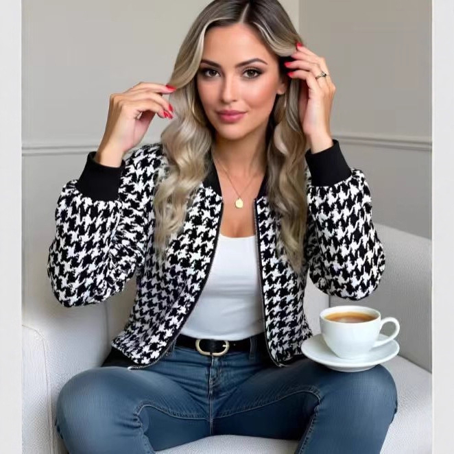 Ženska jakna s uzorkom houndstooth, zatvarač, kratka duljina, dugi rukavi, baseball ovratnik, poliester