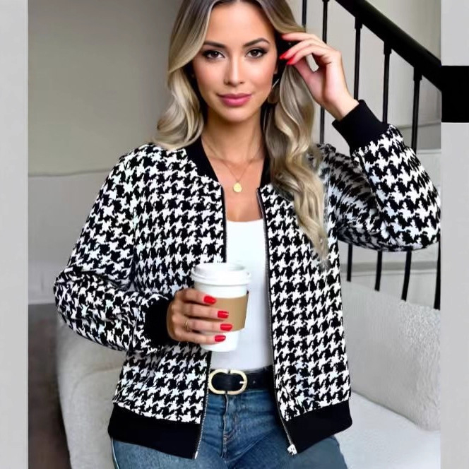 Ženska jakna s uzorkom houndstooth, zatvarač, kratka duljina, dugi rukavi, baseball ovratnik, poliester