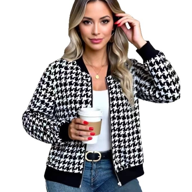 Ženska jakna s uzorkom houndstooth, zatvarač, kratka duljina, dugi rukavi, baseball ovratnik, poliester