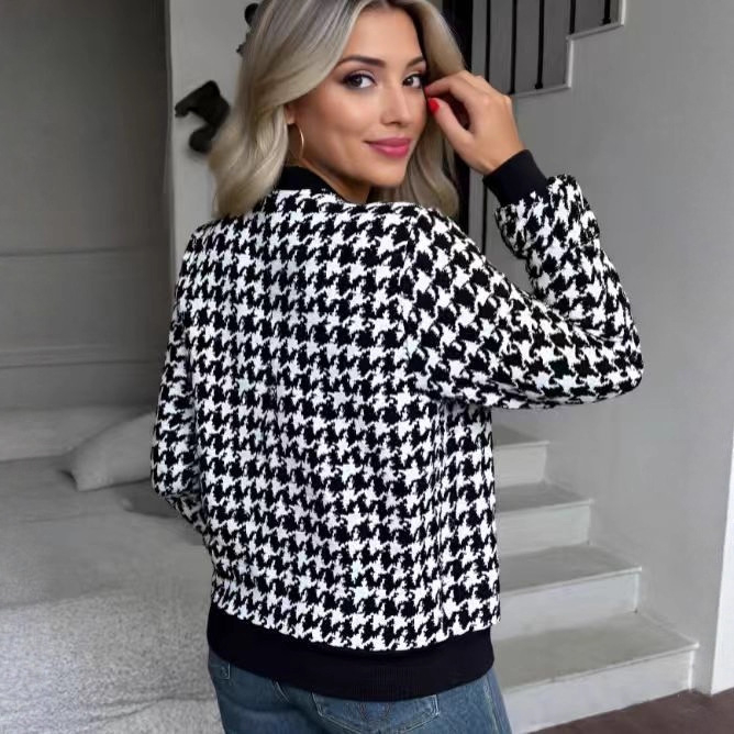 Ženska jakna s uzorkom houndstooth, zatvarač, kratka duljina, dugi rukavi, baseball ovratnik, poliester