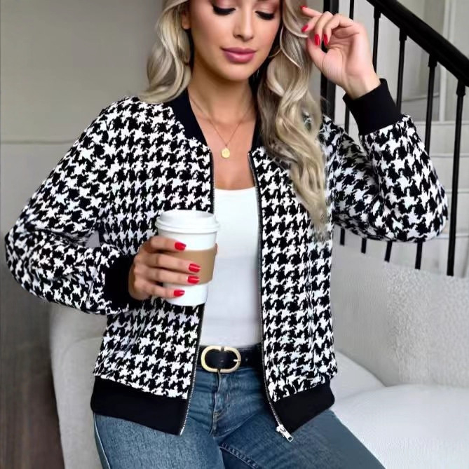 Ženska jakna s uzorkom houndstooth, zatvarač, kratka duljina, dugi rukavi, baseball ovratnik, poliester