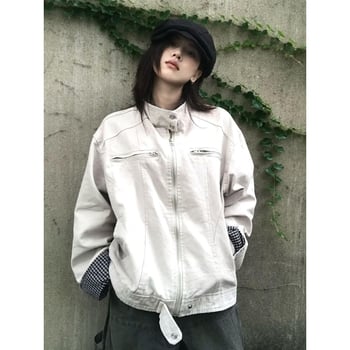 Ženska vintage hip-hop jakna s kariranim patchworkom, široka silueta, retro stil, baseball jakna za jesen