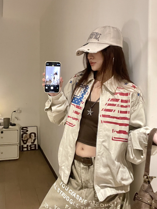 Ženska jakna u korejskom retro stilu s otiskom zastave i slovima, jesen, širok kroj, hip-hop stil, istrošeni izgled