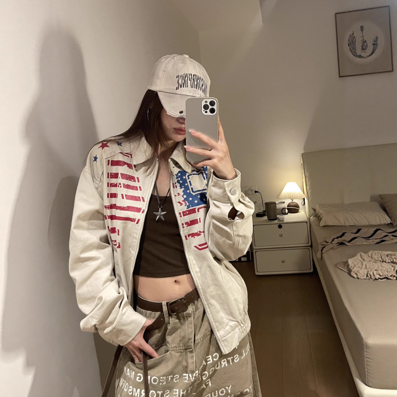 Ženska jakna u korejskom retro stilu s otiskom zastave i slovima, jesen, širok kroj, hip-hop stil, istrošeni izgled