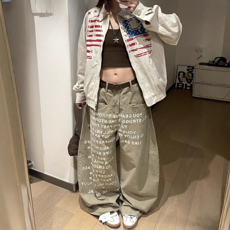 Ženska jakna u korejskom retro stilu s otiskom zastave i slovima, jesen, širok kroj, hip-hop stil, istrošeni izgled
