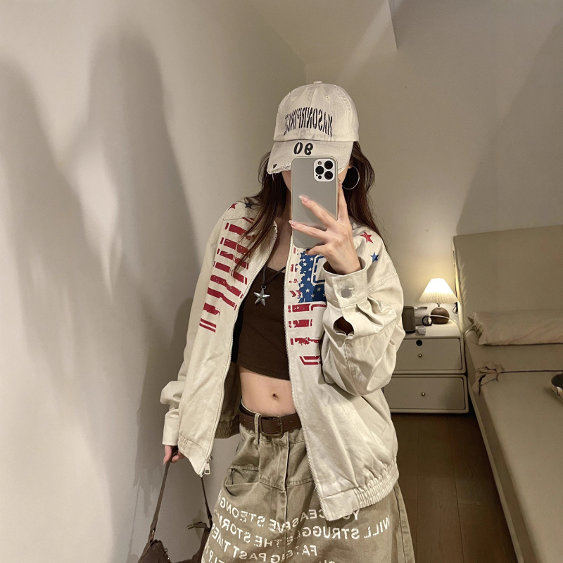 Ženska jakna u korejskom retro stilu s otiskom zastave i slovima, jesen, širok kroj, hip-hop stil, istrošeni izgled