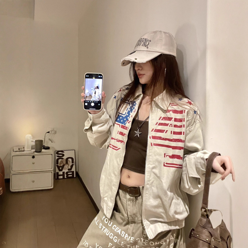 Ženska jakna u korejskom retro stilu s otiskom zastave i slovima, jesen, širok kroj, hip-hop stil, istrošeni izgled