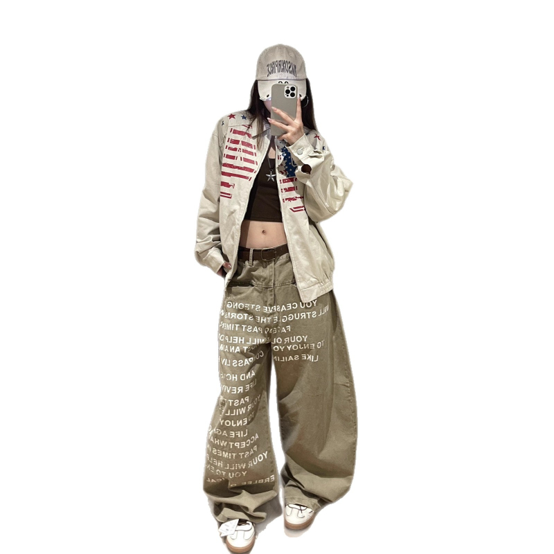 Ženska jakna u korejskom retro stilu s otiskom zastave i slovima, jesen, širok kroj, hip-hop stil, istrošeni izgled