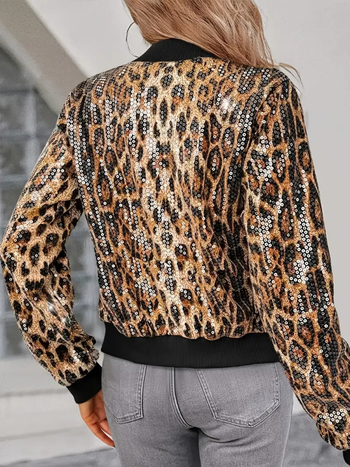 Ženska lagana bomber jakna s leopard printom i šljokicama, zatvarač, UV zaštita, za vožnju biciklom
