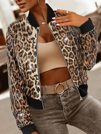 Ženska lagana bomber jakna s leopard printom i šljokicama, zatvarač, UV zaštita, za vožnju biciklom