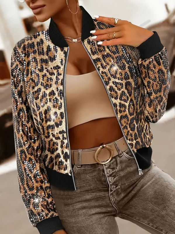 Ženska lagana bomber jakna s leopard printom i šljokicama, zatvarač, UV zaštita, za vožnju biciklom