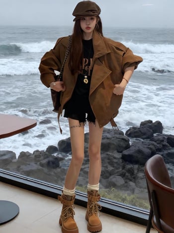 Korejski retro casual suede moto jakna za jesen, plus veličina, širok kroj, radni stil top