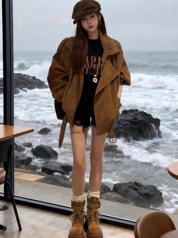 Korejski retro casual suede moto jakna za jesen, plus veličina, širok kroj, radni stil top