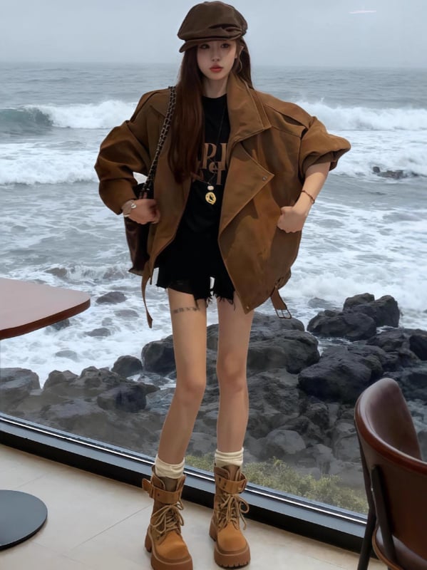 Korejski retro casual suede moto jakna za jesen, plus veličina, širok kroj, radni stil top