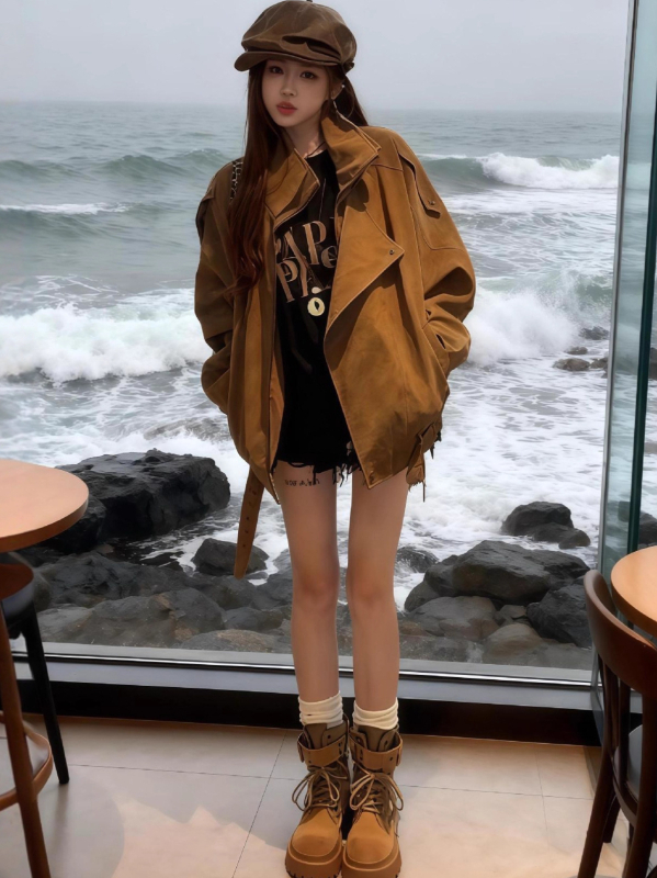 Korejski retro casual suede moto jakna za jesen, plus veličina, širok kroj, radni stil top