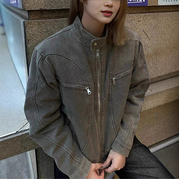 Američki retro pran džins jakna kratka za muškarce i žene, Harrington stil s stojećim ovratnikom, proljeće i jesen