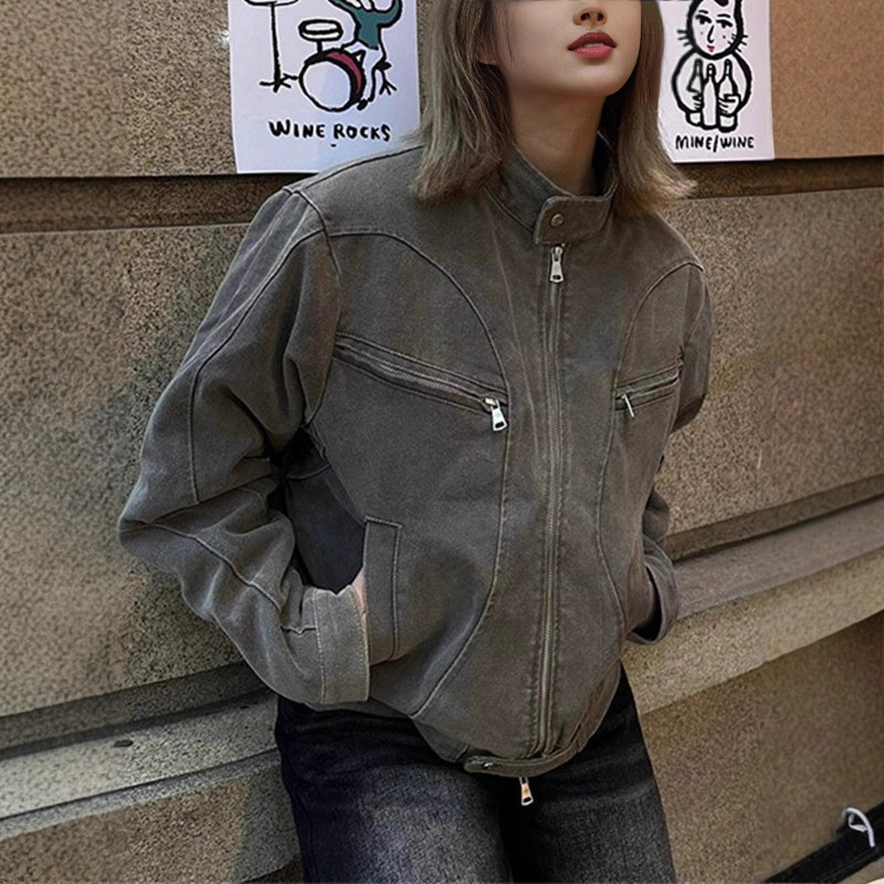 Američki retro pran džins jakna kratka za muškarce i žene, Harrington stil s stojećim ovratnikom, proljeće i jesen