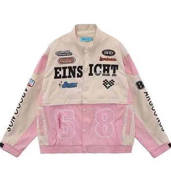 Roza ženska biker jakna za utrke s odvojivim rukavima, baseball stil, vintage američki izgled