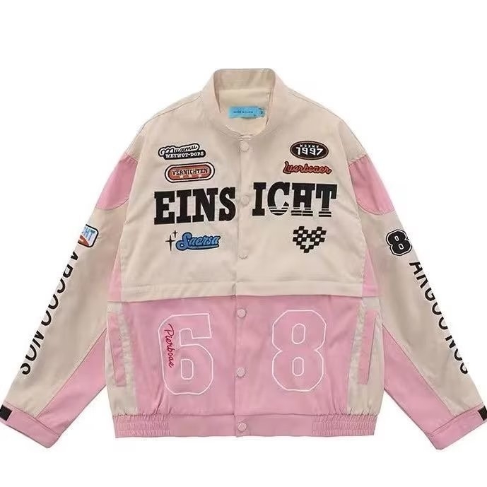 Roza ženska biker jakna za utrke s odvojivim rukavima, baseball stil, vintage američki izgled