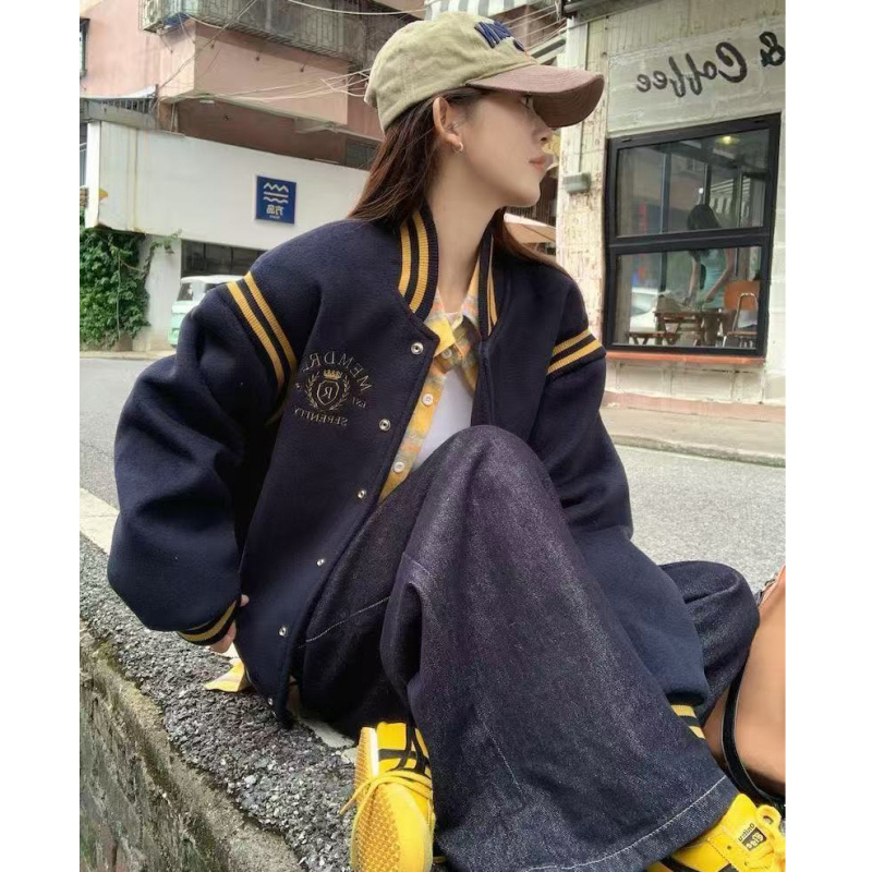 Ženska quilted baseball jakna, američki stil, blok boja, ležerni kroj, stojeći ovratnik, poliester, jesen-zima 2025