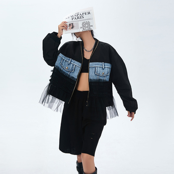 Ženska denim baseball jakna s patchwork mrežastim panelima u američkom street stilu, dugo rukave, udoban, slobodan kroj za jesen