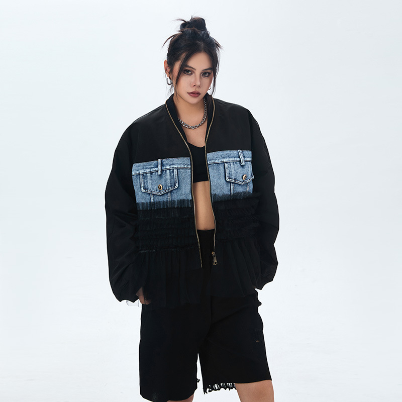Ženska denim baseball jakna s patchwork mrežastim panelima u američkom street stilu, dugo rukave, udoban, slobodan kroj za jesen