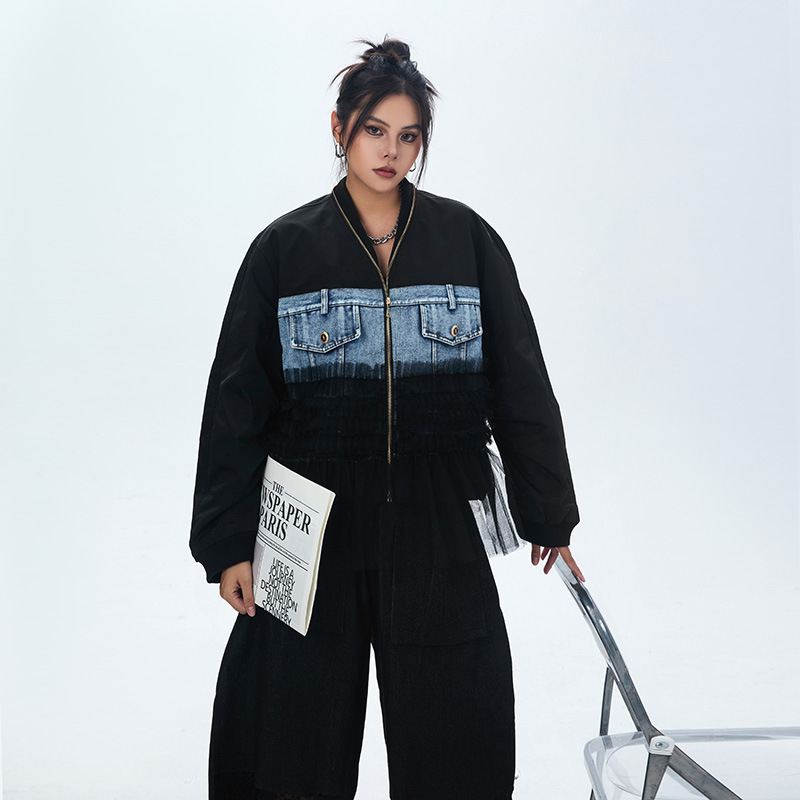 Ženska denim baseball jakna s patchwork mrežastim panelima u američkom street stilu, dugo rukave, udoban, slobodan kroj za jesen