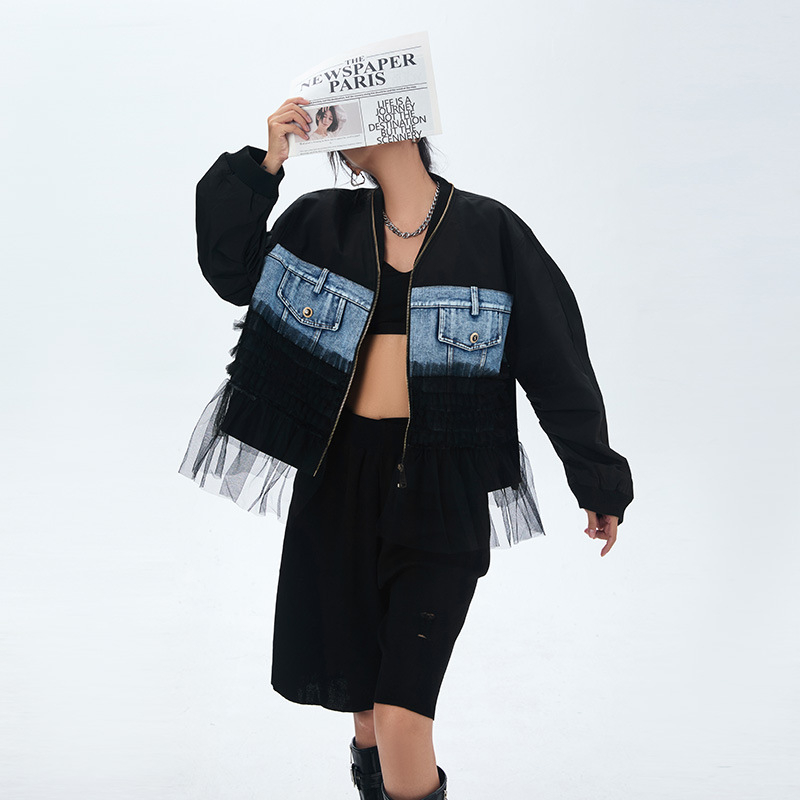 Ženska denim baseball jakna s patchwork mrežastim panelima u američkom street stilu, dugo rukave, udoban, slobodan kroj za jesen