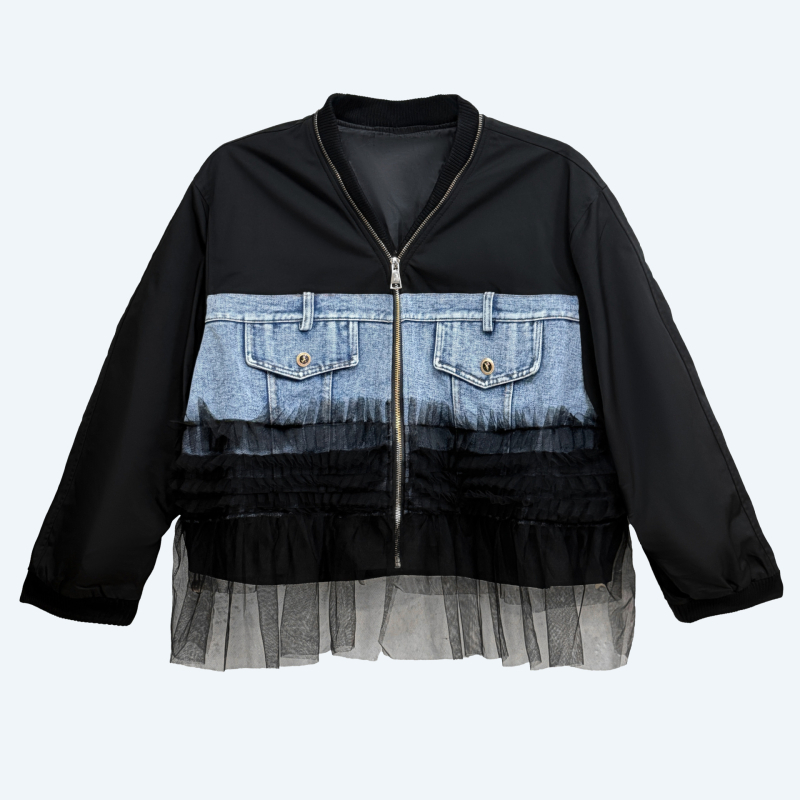 Ženska denim baseball jakna s patchwork mrežastim panelima u američkom street stilu, dugo rukave, udoban, slobodan kroj za jesen