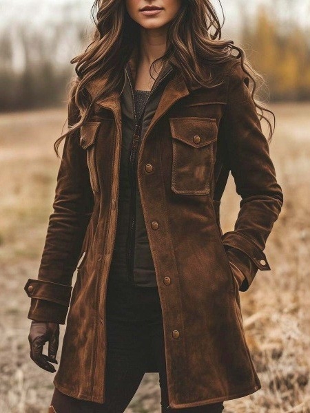 Ženski retro kaput za jesen i zimu, smeđi velur s reverom, topao i stylish, srednje duljine.