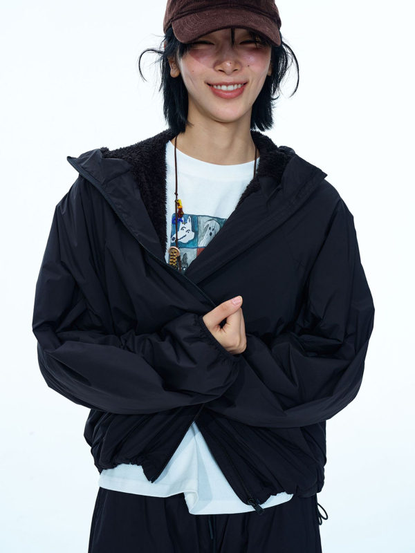 Lagana jakna od flisa s kapuljom, slobodan kroj, dugi rukavi, zatvarač, model V9875, street-hipster stil