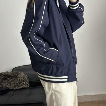 Ženska baseball jakna za proljeće i jesen, retro stil, američki stil, stojeći ovratnik, slobodan kroj, tamnoplava