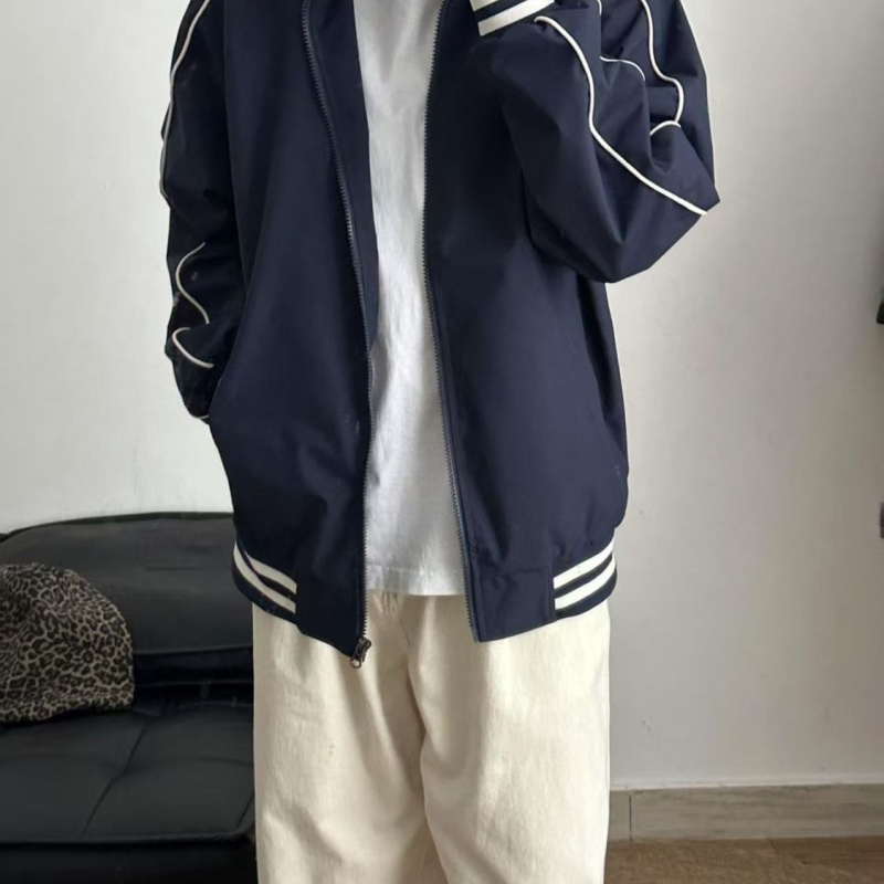 Ženska baseball jakna za proljeće i jesen, retro stil, američki stil, stojeći ovratnik, slobodan kroj, tamnoplava