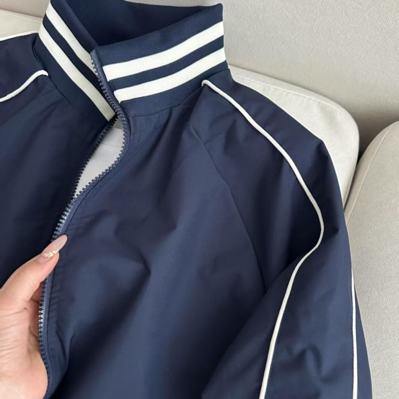 Ženska baseball jakna za proljeće i jesen, retro stil, američki stil, stojeći ovratnik, slobodan kroj, tamnoplava