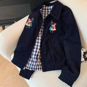 Patchwork kockás hímzett kordbársony dzseki nőknek, 2025 tavasz, vintage casual, rövid fazon