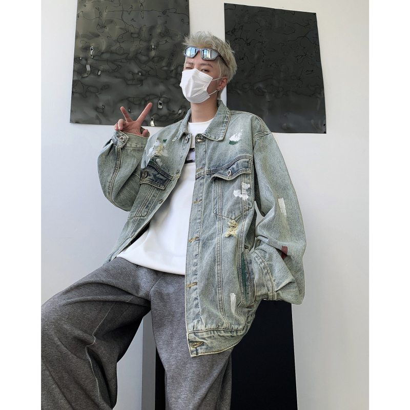 Denim jakna s otiskom u hongkonškom stilu, unisex, široki kroj, korejska verzija, svestrana i stilska za proljeće i jesen 2024