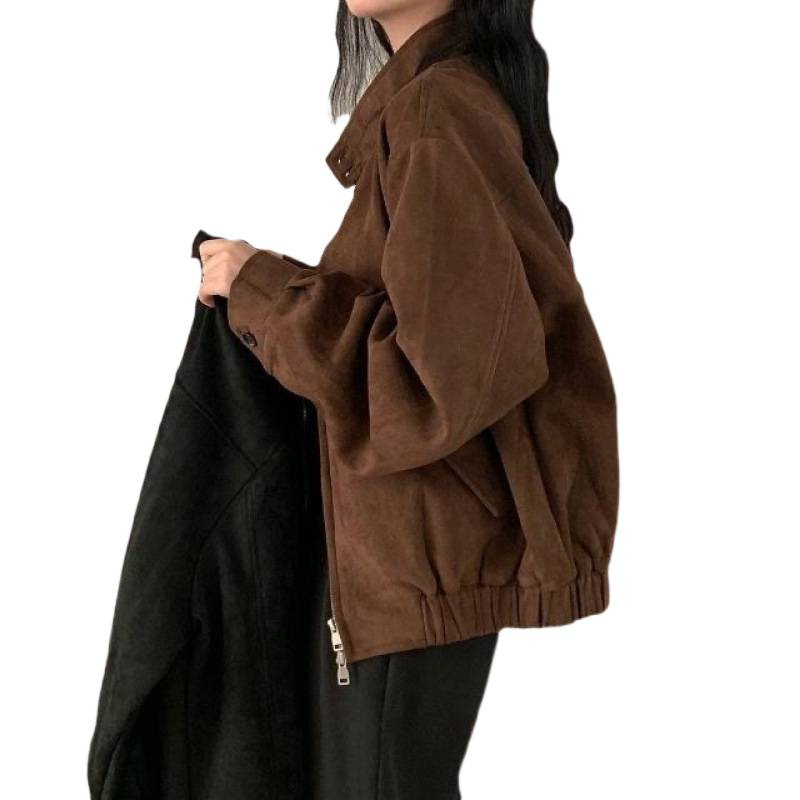 Ženska jakna od imitacije jelenske kože velur, proljetno-jesenski novi model, opušten kroj, retro američki stil, stojeći ovratnik, dugi rukav, zatvarač sprijeda