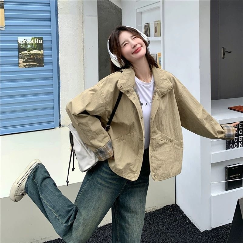 Ženska reverzibilna jakna za proljeće i jesen, širok kroj, udobna, kratki model, korejski stil