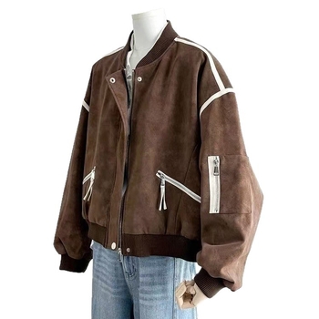 Smeđa vintage street baseball jakna za žene, proljeće, kratka, udoban BF stil, za žene s malim rastom