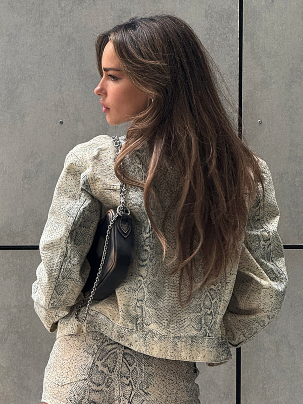 Ženska jakna sa zmijskim uzorkom, dugi rukavi, poliester, uski kroj, zatvarač, gradski stil