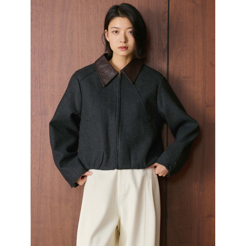 Női téli kabát koreai-stílusú retro, rövid fazon, PU gallér patch, kényelmes casual