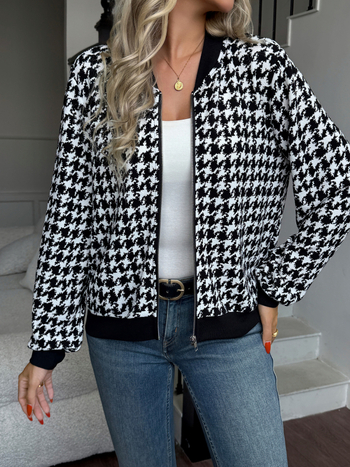 Ženska jakna s zip zatvaračem, uzorak houndstooth, lagan kroj, casual gornji dio, dugi rukavi, ovratnik košulje, poliester