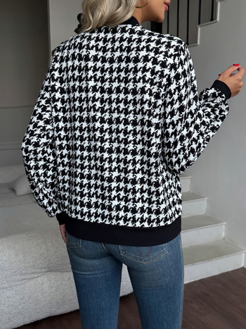Ženska jakna s zip zatvaračem, uzorak houndstooth, lagan kroj, casual gornji dio, dugi rukavi, ovratnik košulje, poliester